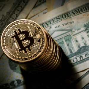 BERLIN, GERMANY - FEBRUARY 15:  In this photo illustration model Bitcoins lying on Dollar bills on February 15, 2016 in Berlin, Germany. (Photo Illustration by Thomas Trutschel/Photothek via Getty Images)